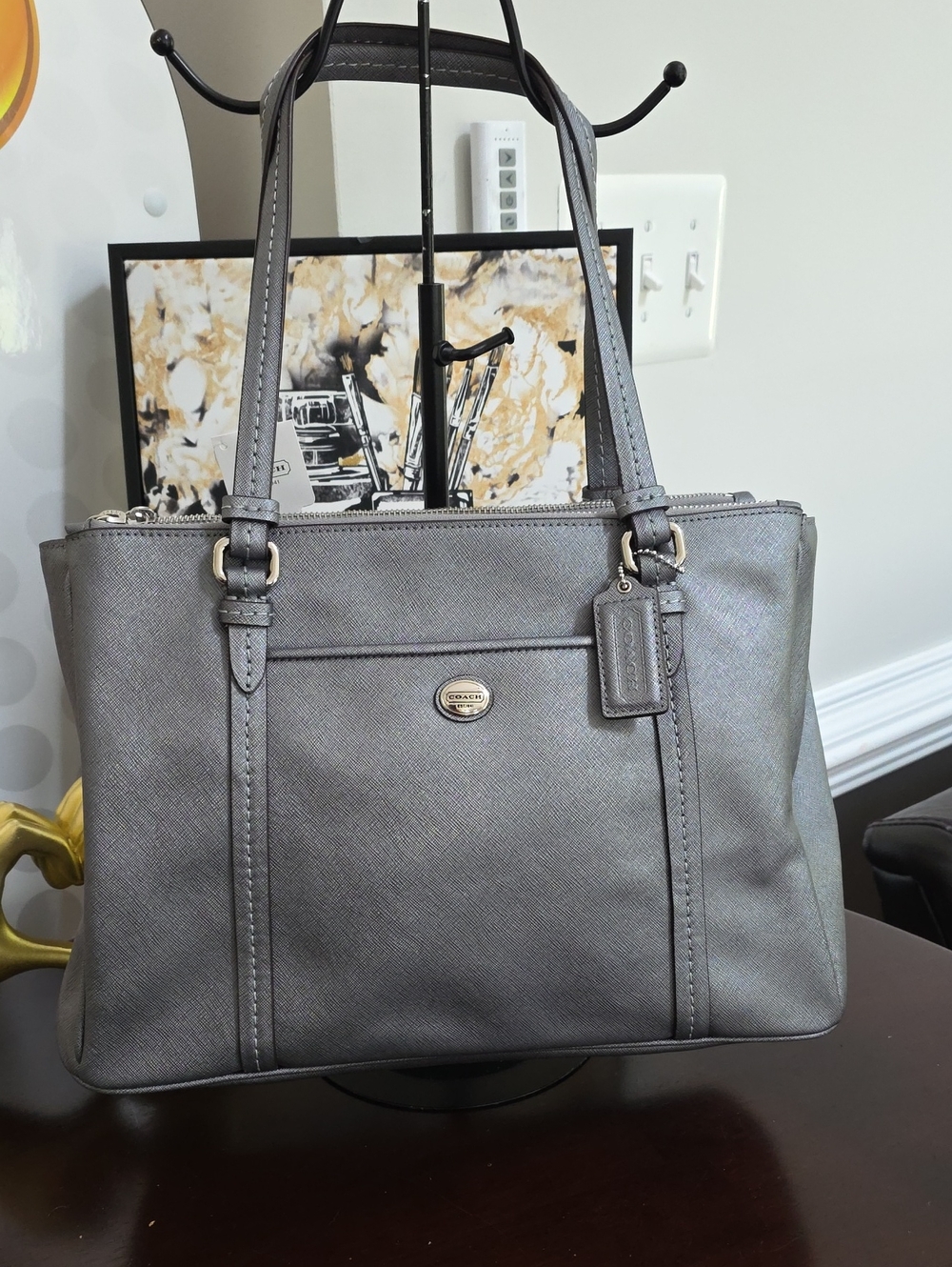 Coach Metallic Peyton Jordan Saffiano Leather Pewter Carryall Tote